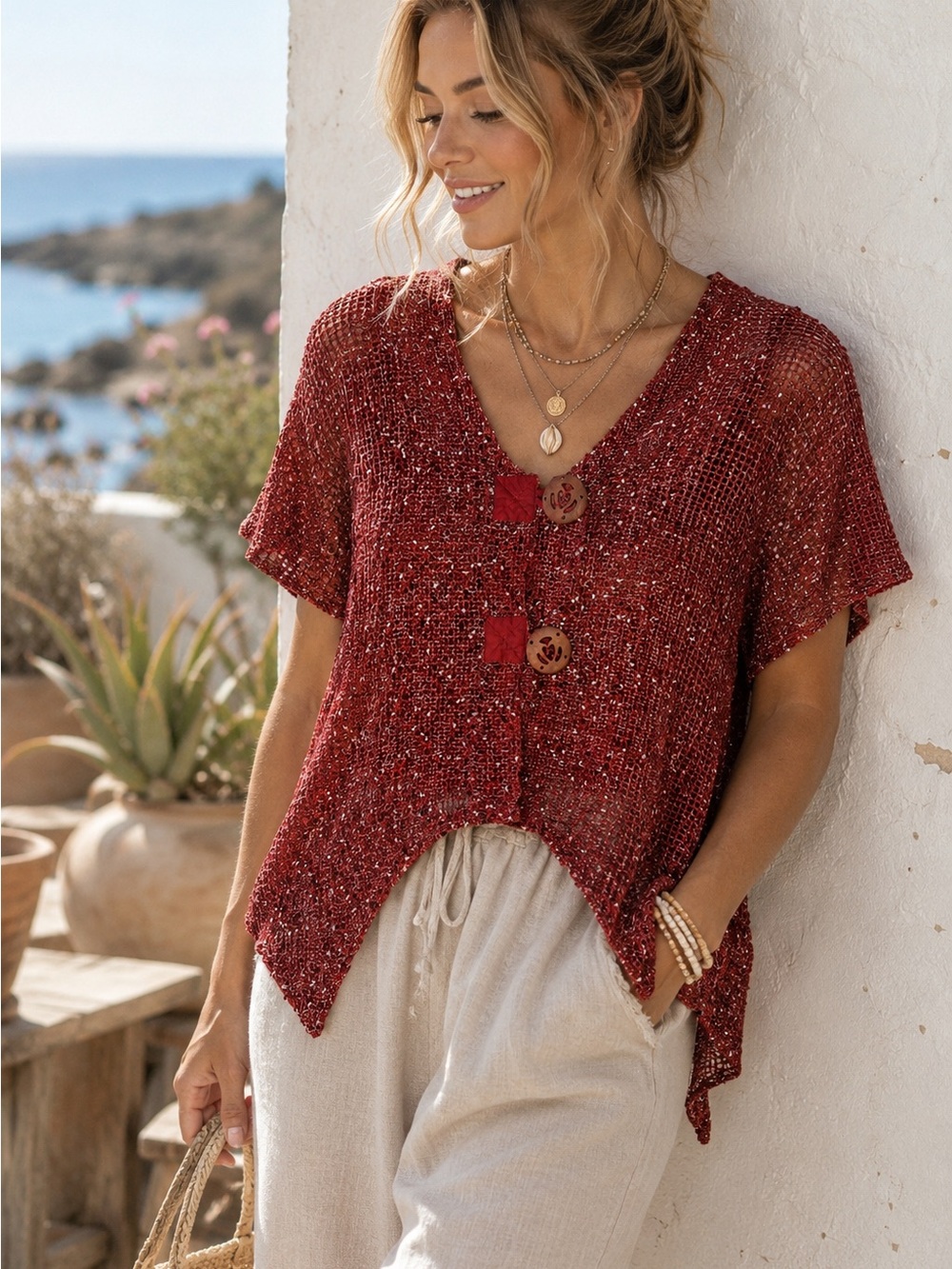 Katie Todd Red Open Knit Crochet Button Cardigan Sweater XL Boho Boutique